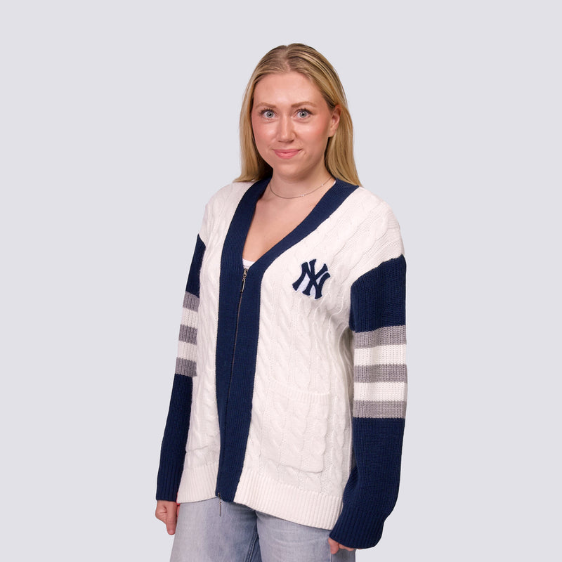 SHYLA COLOR BLOCK CABLE KNIT CARDIGAN - New York Yankees