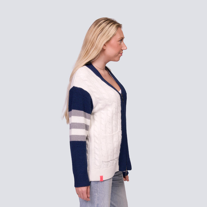 SHYLA COLOR BLOCK CABLE KNIT CARDIGAN - New York Yankees