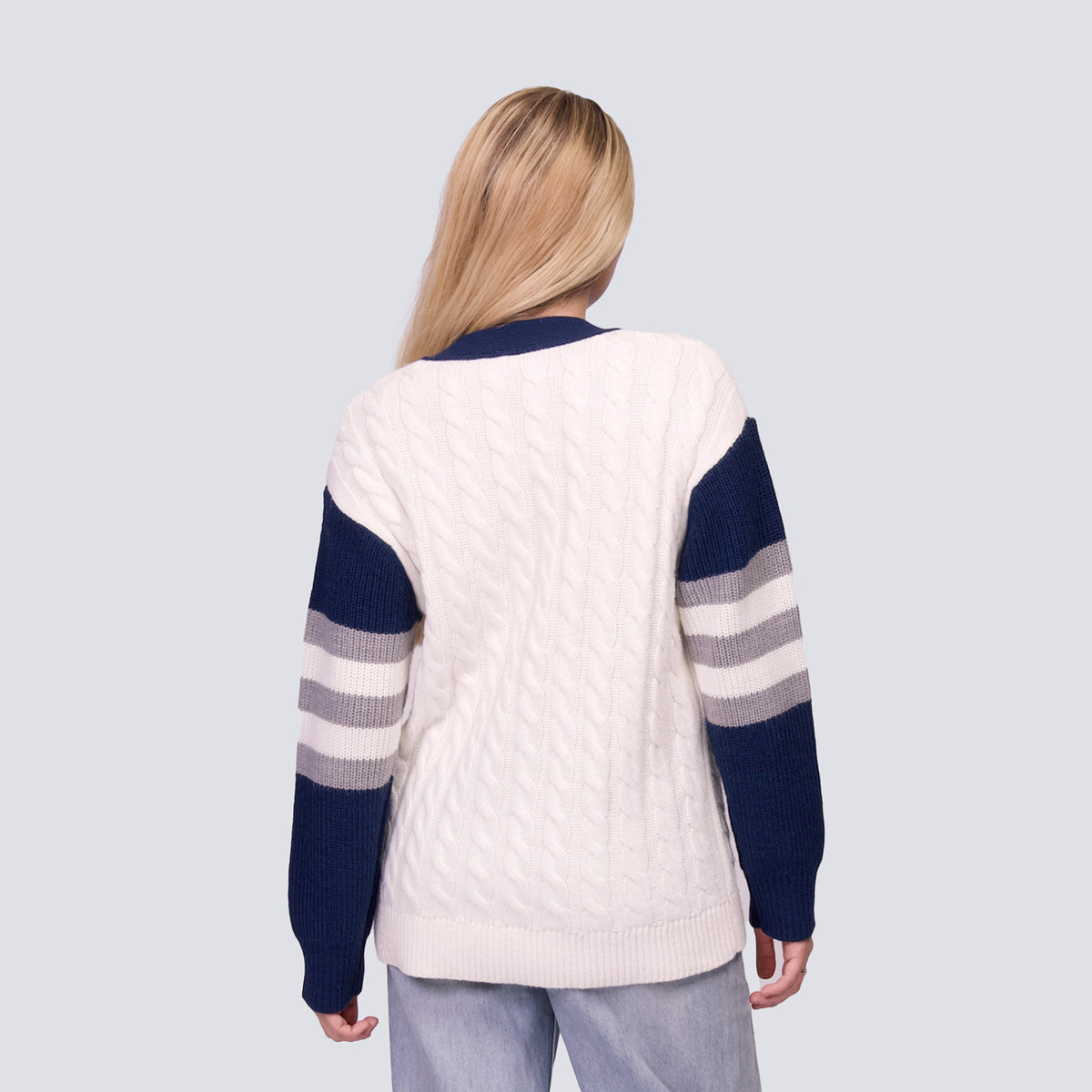 SHYLA COLOR BLOCK CABLE KNIT CARDIGAN - New York Yankees
