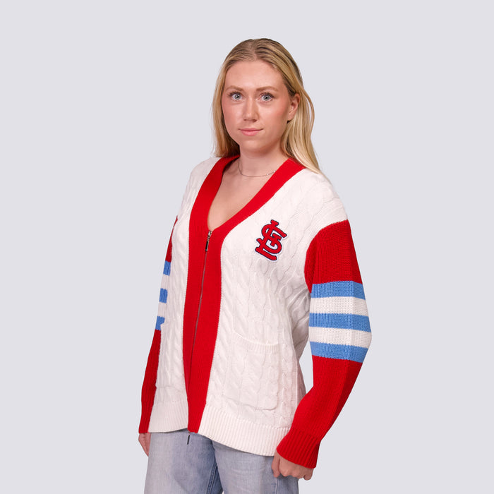SHYLA COLOR BLOCK CABLE KNIT CARDIGAN - St. Louis Cardinals