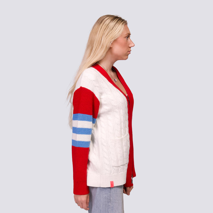 SHYLA COLOR BLOCK CABLE KNIT CARDIGAN - St. Louis Cardinals