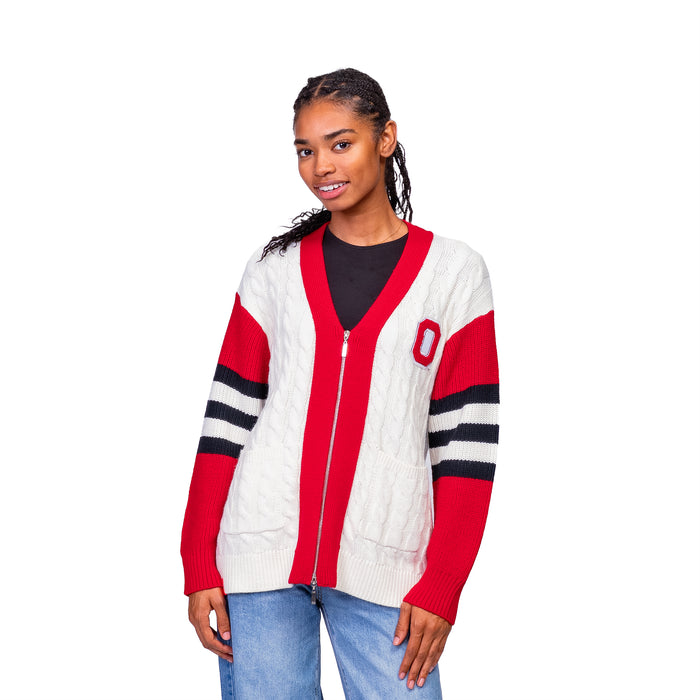 SHYLA COLOR BLOCK CABLE KNIT CARDIGAN - The Ohio State Univ. Buckeyes
