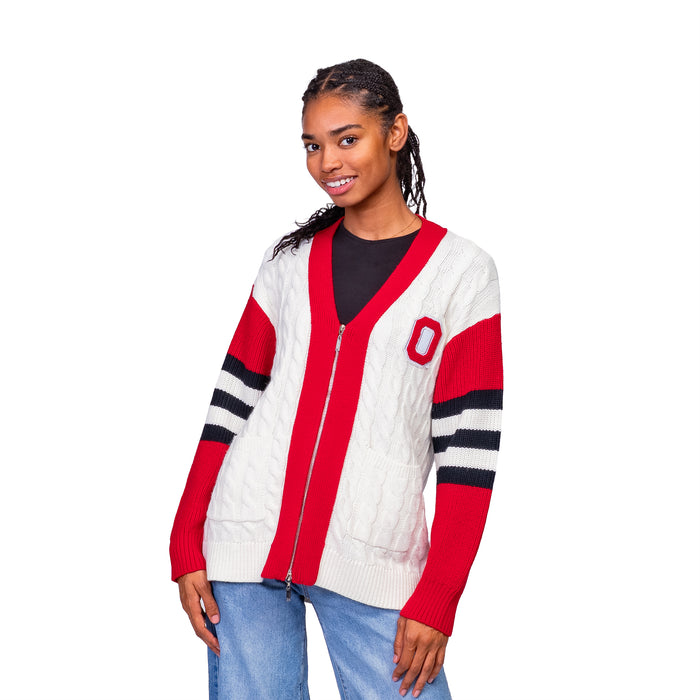 SHYLA COLOR BLOCK CABLE KNIT CARDIGAN - The Ohio State Univ. Buckeyes