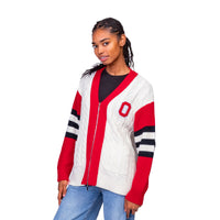 SHYLA COLOR BLOCK CABLE KNIT CARDIGAN - The Ohio State Univ. Buckeyes