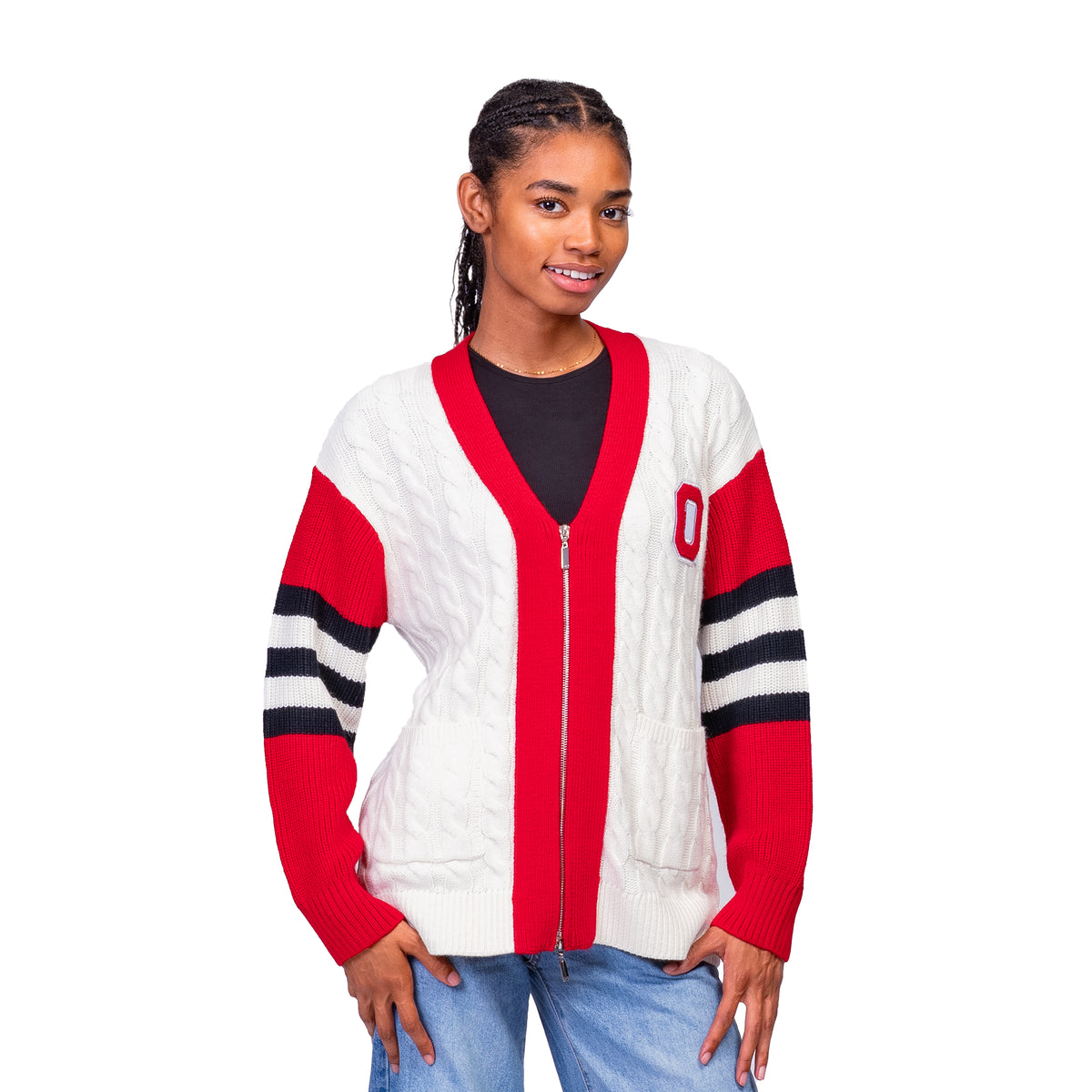 SHYLA COLOR BLOCK CABLE KNIT CARDIGAN - The Ohio State Univ. Buckeyes