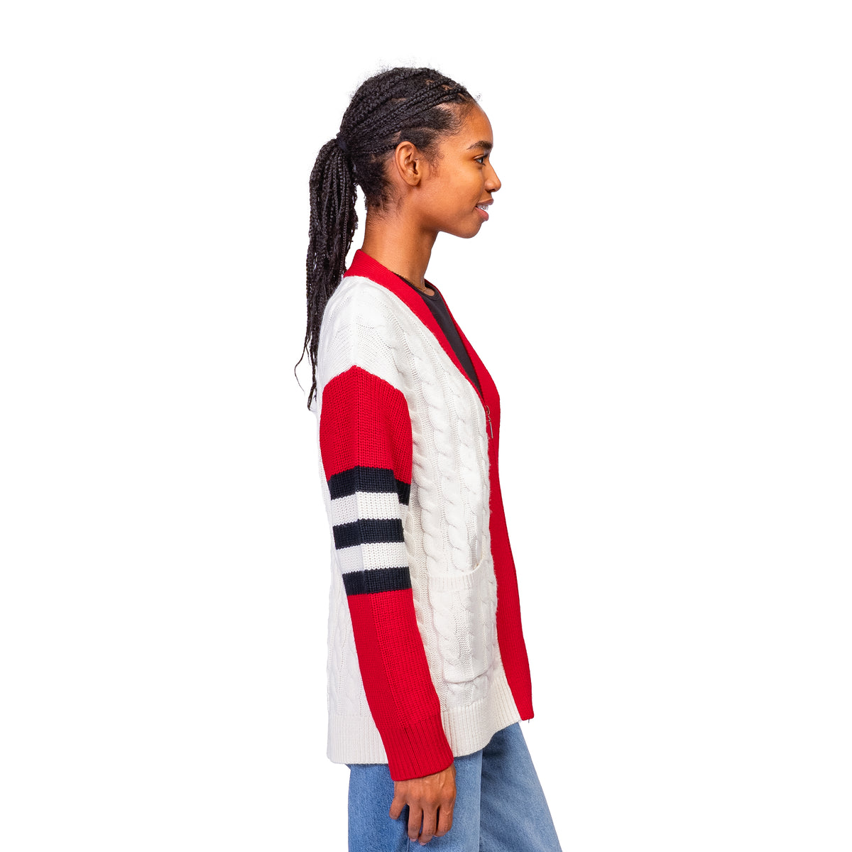 SHYLA COLOR BLOCK CABLE KNIT CARDIGAN - The Ohio State Univ. Buckeyes
