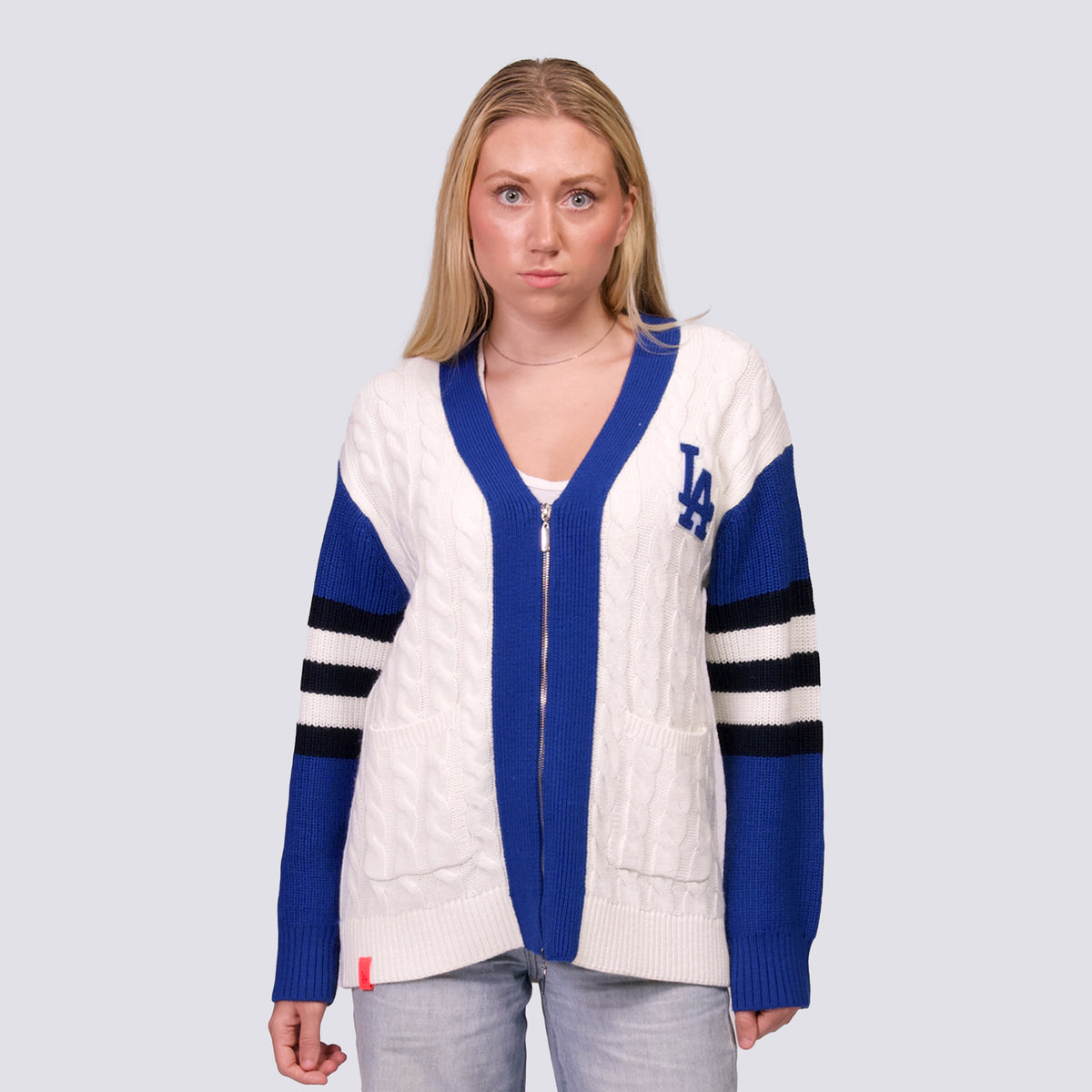 SHYLA COLOR BLOCK CABLE KNIT CARDIGAN - Los Angeles Dodgers