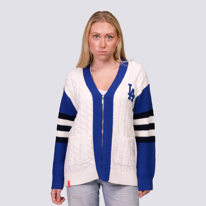 SHYLA COLOR BLOCK CABLE KNIT CARDIGAN - Los Angeles Dodgers