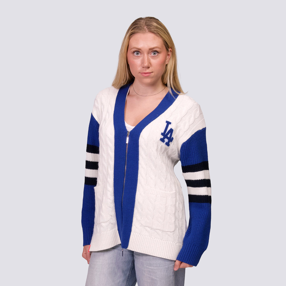 SHYLA COLOR BLOCK CABLE KNIT CARDIGAN - Los Angeles Dodgers