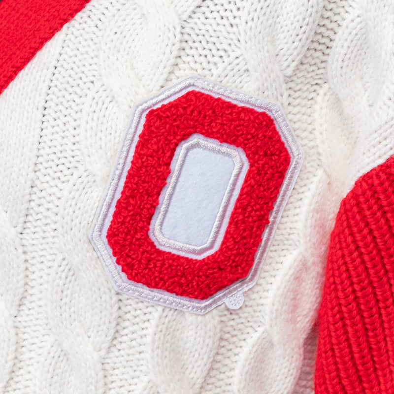 SHYLA COLOR BLOCK CABLE KNIT CARDIGAN - The Ohio State Univ. Buckeyes