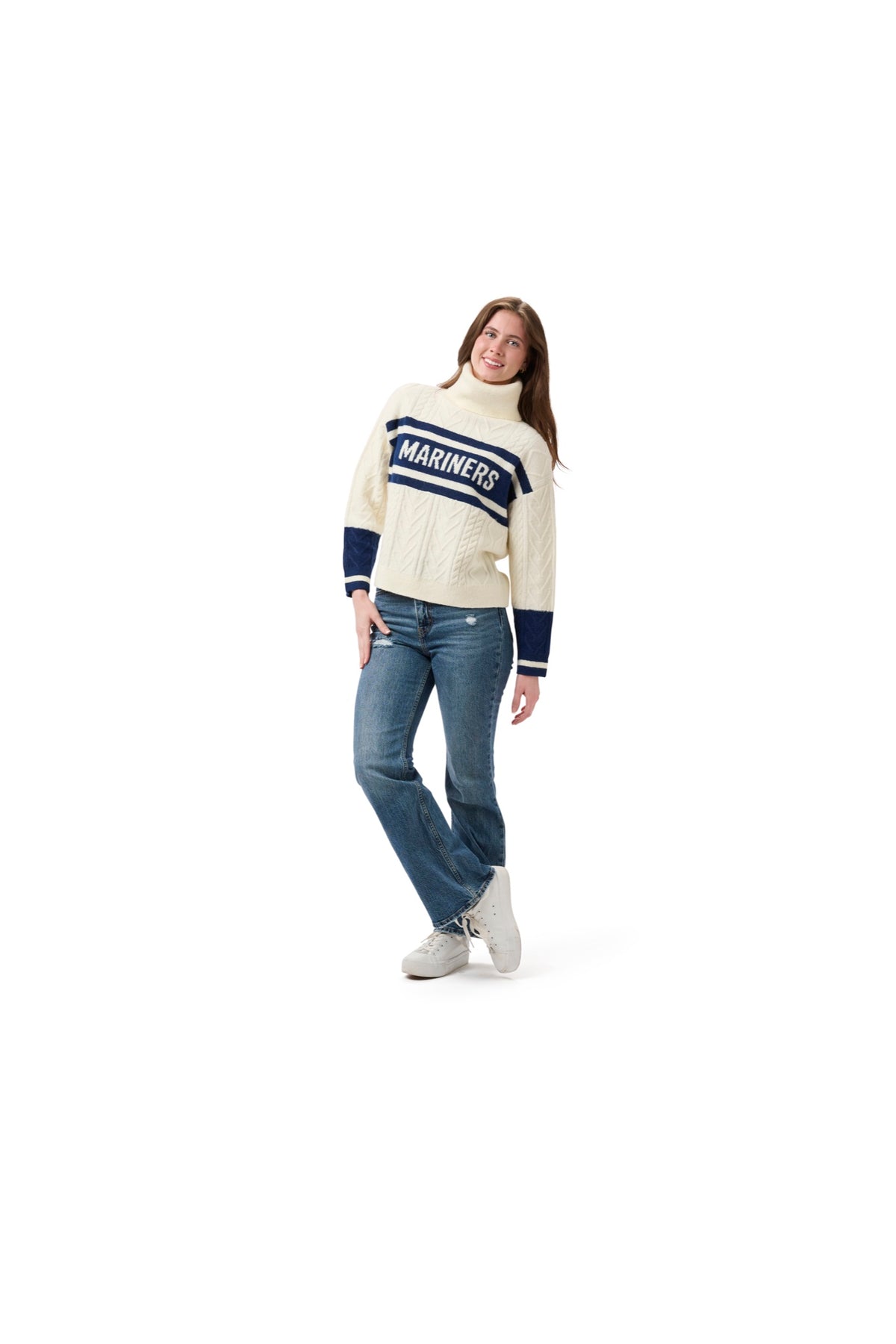 SUSAN  MIXED CABLE TURTLENECK SWEATER - Seattle Mariners